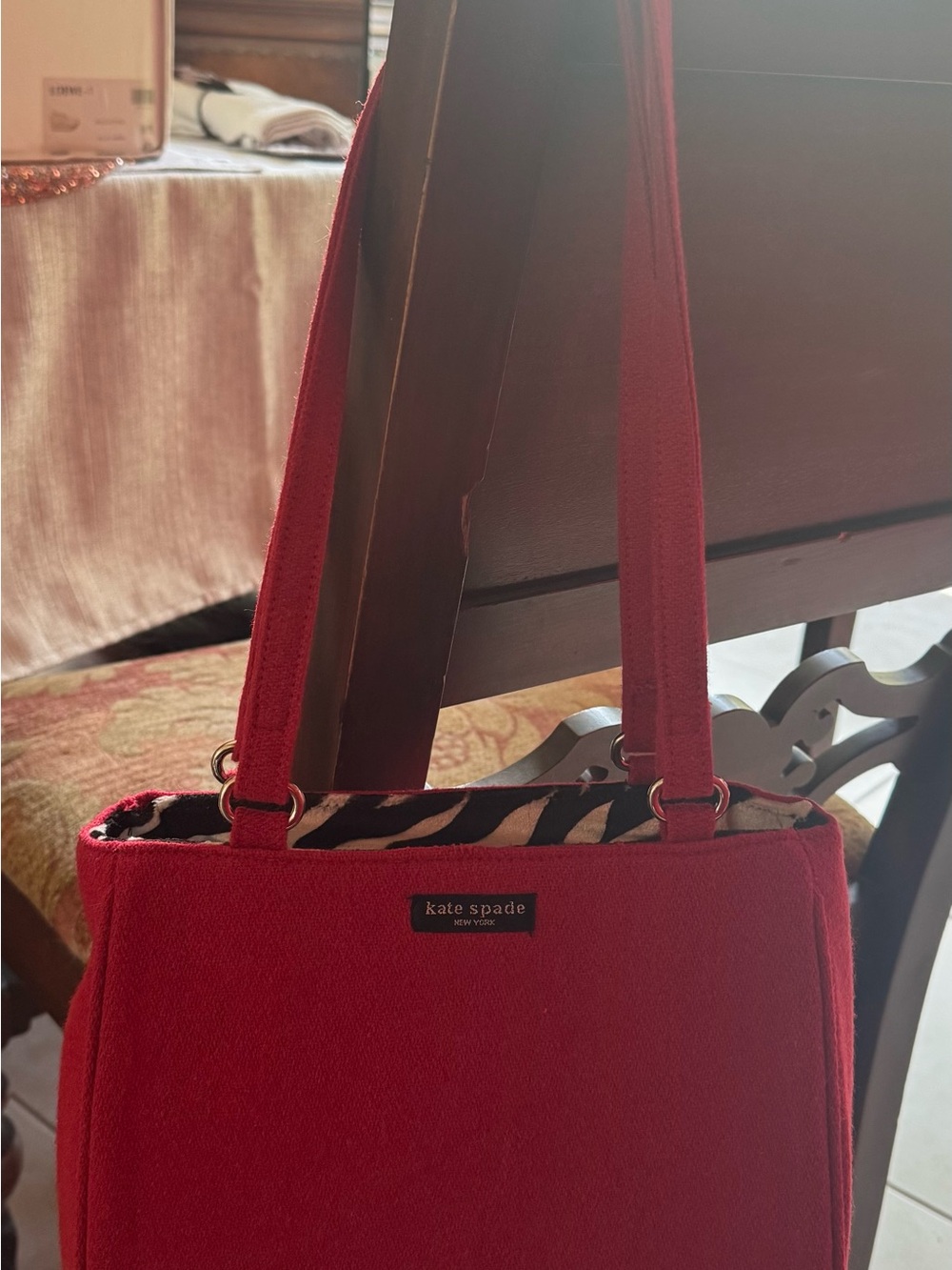 kate spade Red Wool Shoulder Tote with Zebra Lining